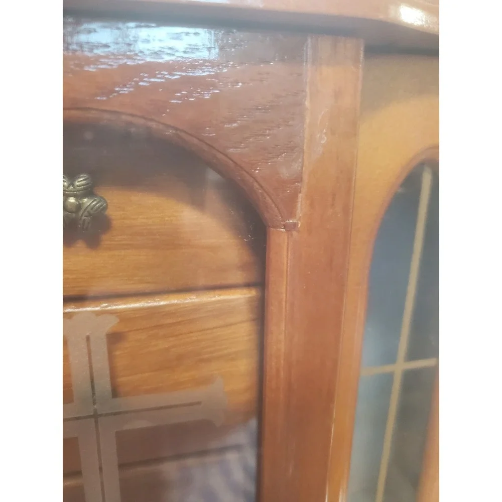 Vintage Wooden Jewelry Armoire Chest Cross Etched Glass 5 Drawers Brown READ